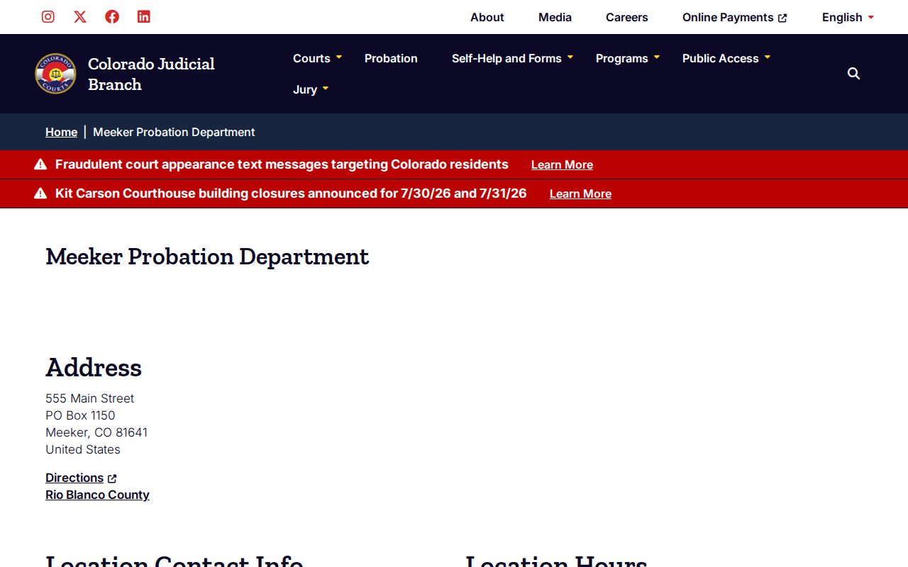 Meeker Probation Department official location page screenshot