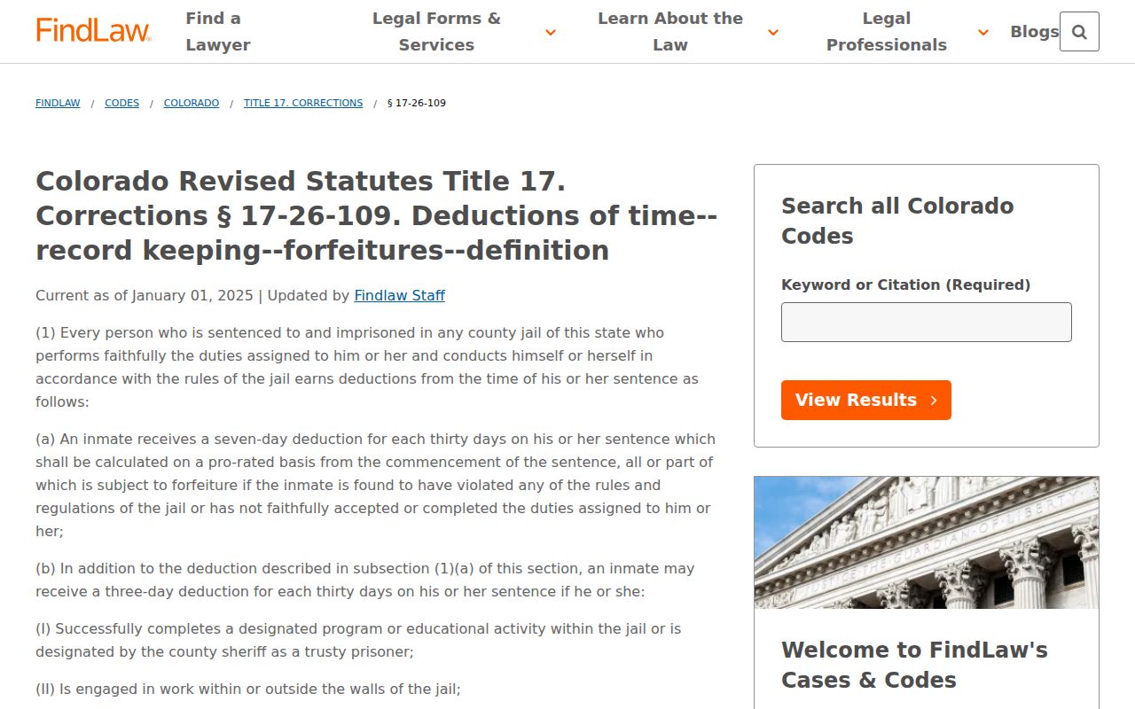 Rio Blanco County release date lookup Colorado county jail deduction statute